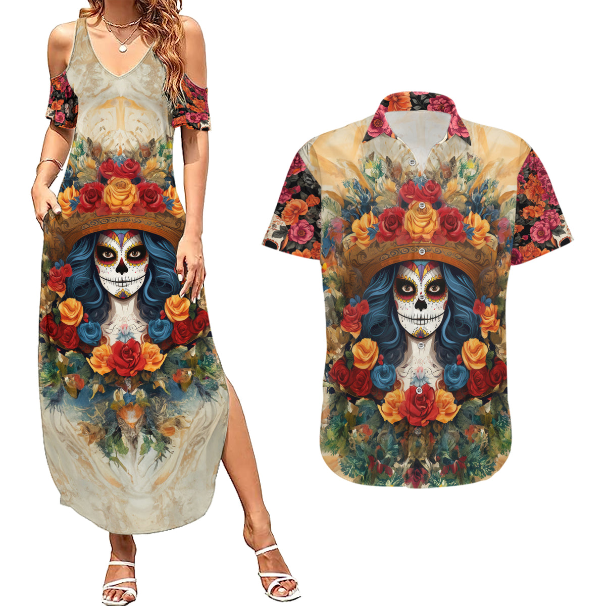 Day of Dead Lady Couples Matching Summer Maxi Dress and Hawaiian Shirt Sugar Skull Field Rose Lady - Wonder Print Shop