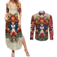 Day of Dead Lady Couples Matching Summer Maxi Dress and Long Sleeve Button Shirt Sugar Skull Field Rose Lady - Wonder Print Shop