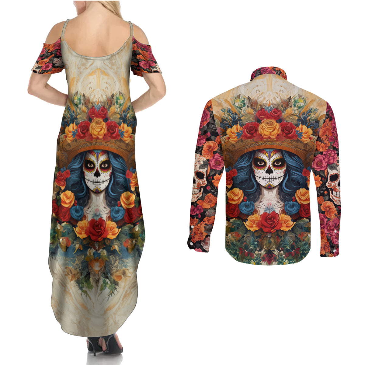 Day of Dead Lady Couples Matching Summer Maxi Dress and Long Sleeve Button Shirt Sugar Skull Field Rose Lady - Wonder Print Shop