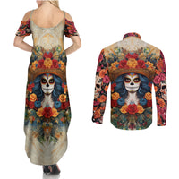 Day of Dead Lady Couples Matching Summer Maxi Dress and Long Sleeve Button Shirt Sugar Skull Field Rose Lady - Wonder Print Shop