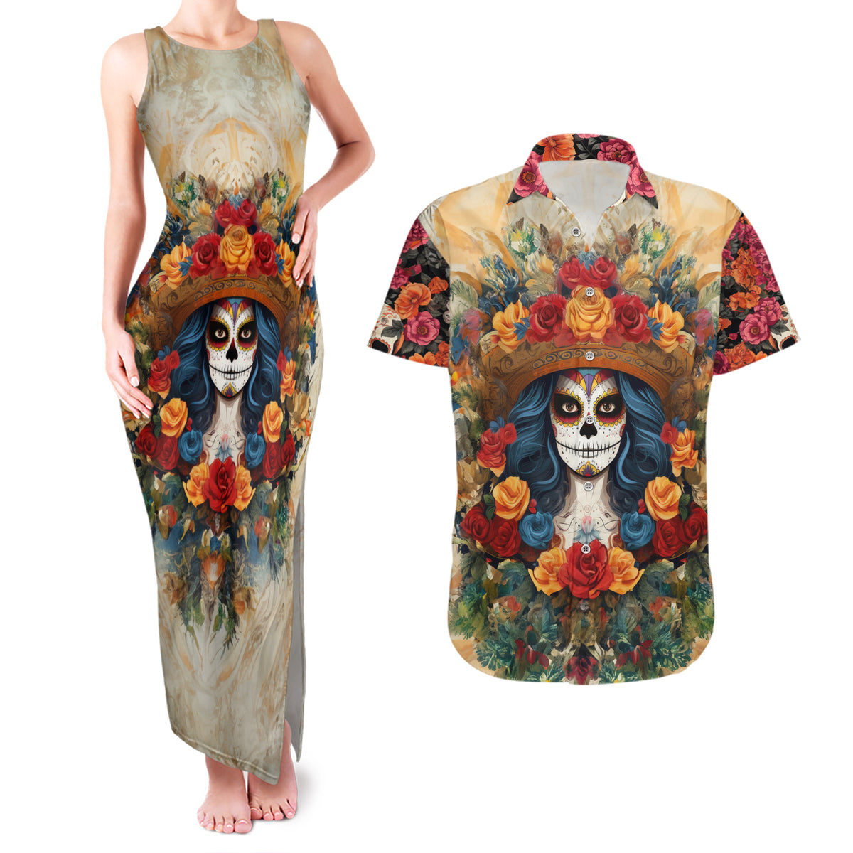 Day of Dead Lady Couples Matching Tank Maxi Dress and Hawaiian Shirt Sugar Skull Field Rose Lady - Wonder Print Shop