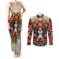 Day of Dead Lady Couples Matching Tank Maxi Dress and Long Sleeve Button Shirt Sugar Skull Field Rose Lady - Wonder Print Shop