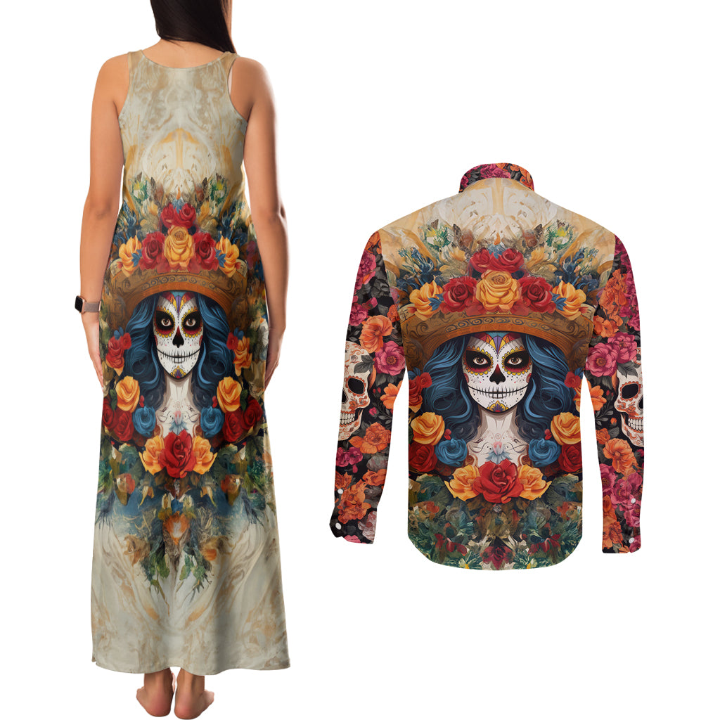 Day of Dead Lady Couples Matching Tank Maxi Dress and Long Sleeve Button Shirt Sugar Skull Field Rose Lady - Wonder Print Shop