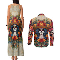 Day of Dead Lady Couples Matching Tank Maxi Dress and Long Sleeve Button Shirt Sugar Skull Field Rose Lady - Wonder Print Shop