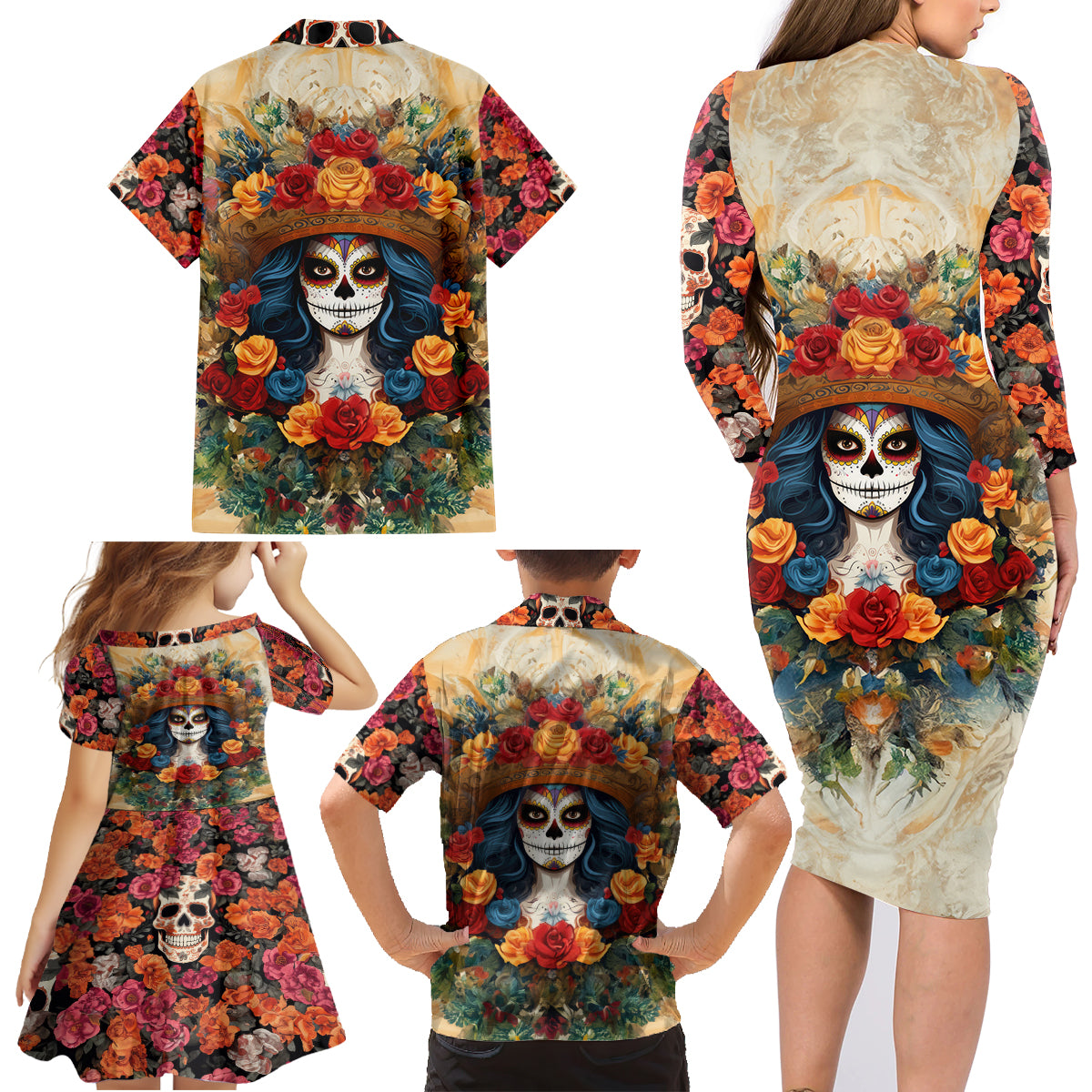 Day of Dead Lady Family Matching Long Sleeve Bodycon Dress and Hawaiian Shirt Sugar Skull Field Rose Lady - Wonder Print Shop