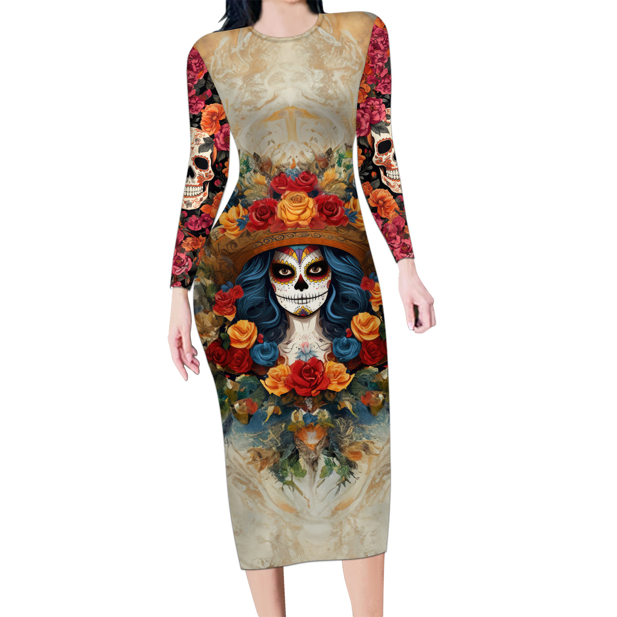 Day of Dead Lady Family Matching Long Sleeve Bodycon Dress and Hawaiian Shirt Sugar Skull Field Rose Lady - Wonder Print Shop
