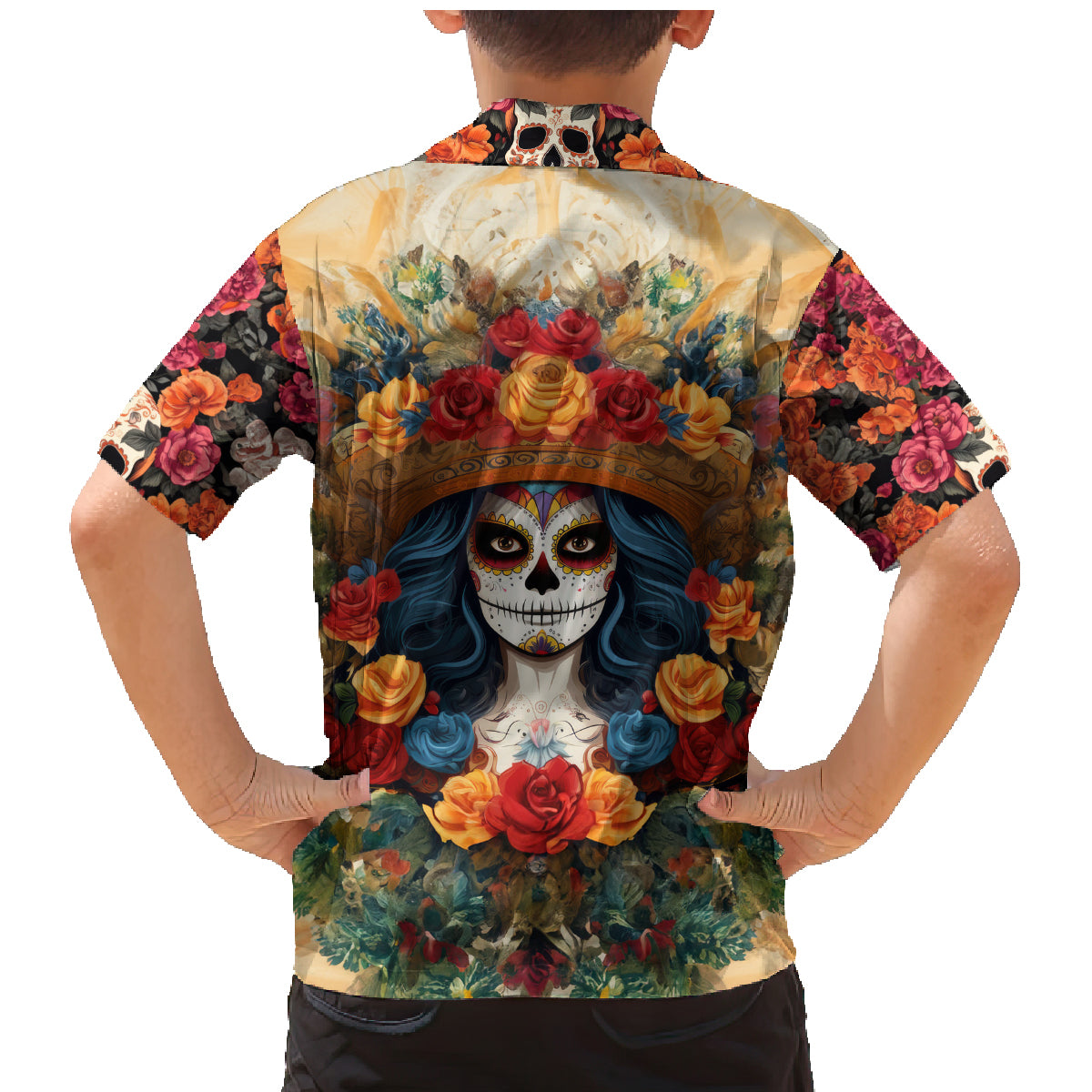Day of Dead Lady Family Matching Mermaid Dress and Hawaiian Shirt Sugar Skull Field Rose Lady - Wonder Print Shop