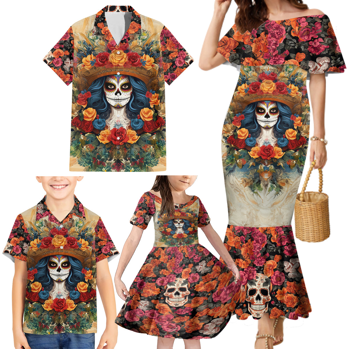 Day of Dead Lady Family Matching Mermaid Dress and Hawaiian Shirt Sugar Skull Field Rose Lady - Wonder Print Shop