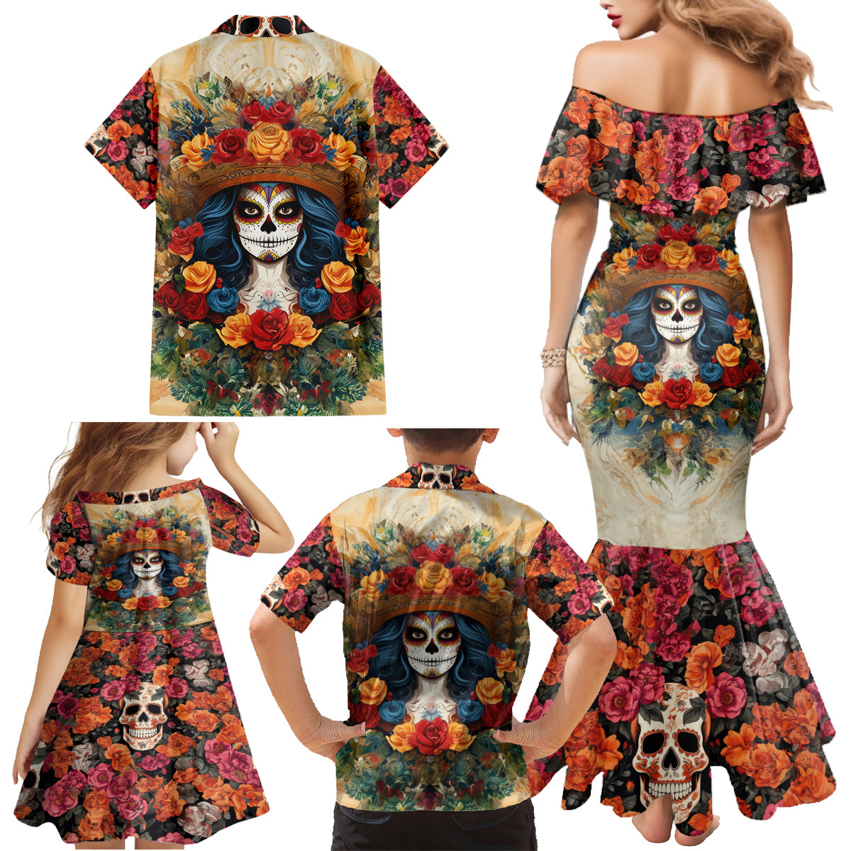 Day of Dead Lady Family Matching Mermaid Dress and Hawaiian Shirt Sugar Skull Field Rose Lady - Wonder Print Shop