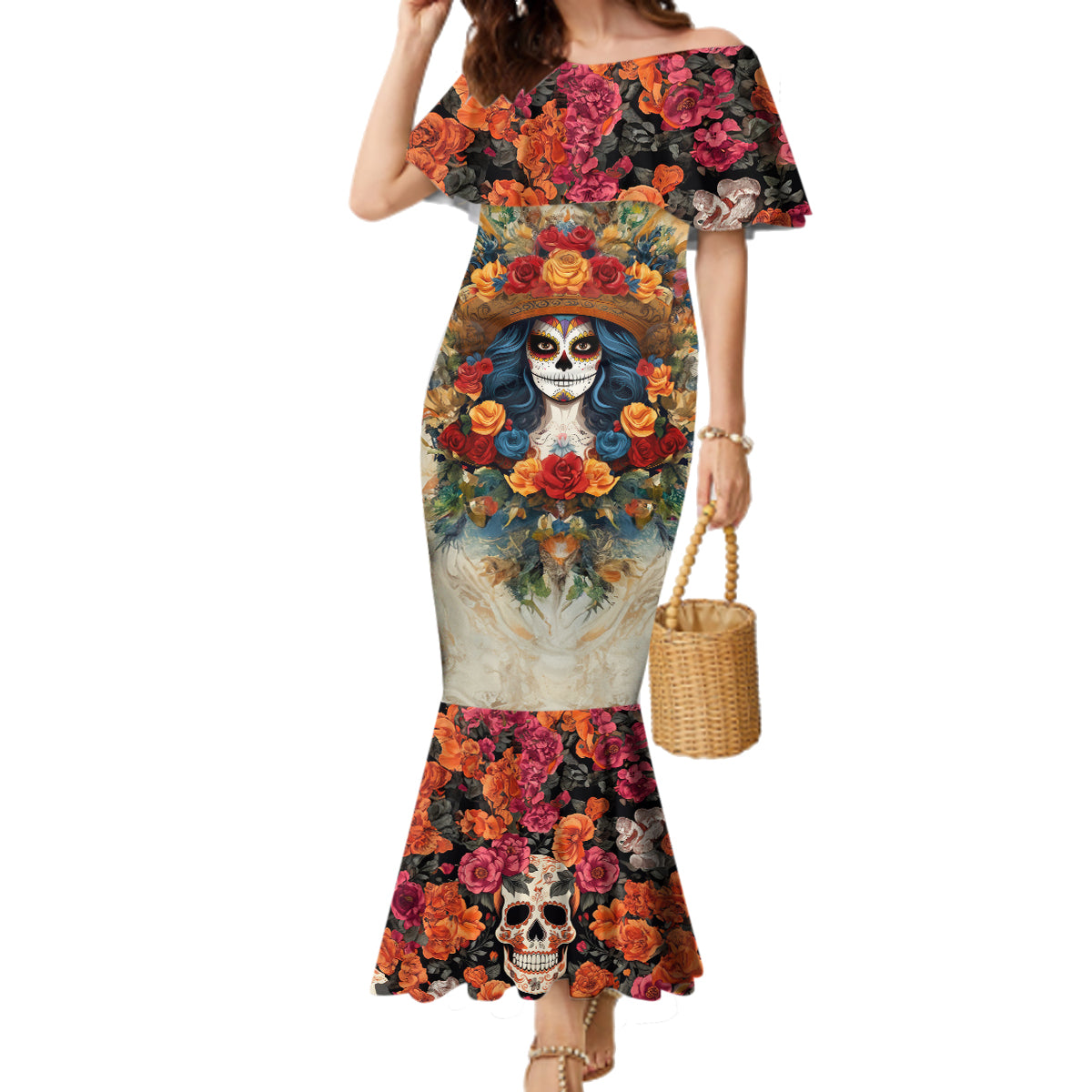 Day of Dead Lady Family Matching Mermaid Dress and Hawaiian Shirt Sugar Skull Field Rose Lady - Wonder Print Shop