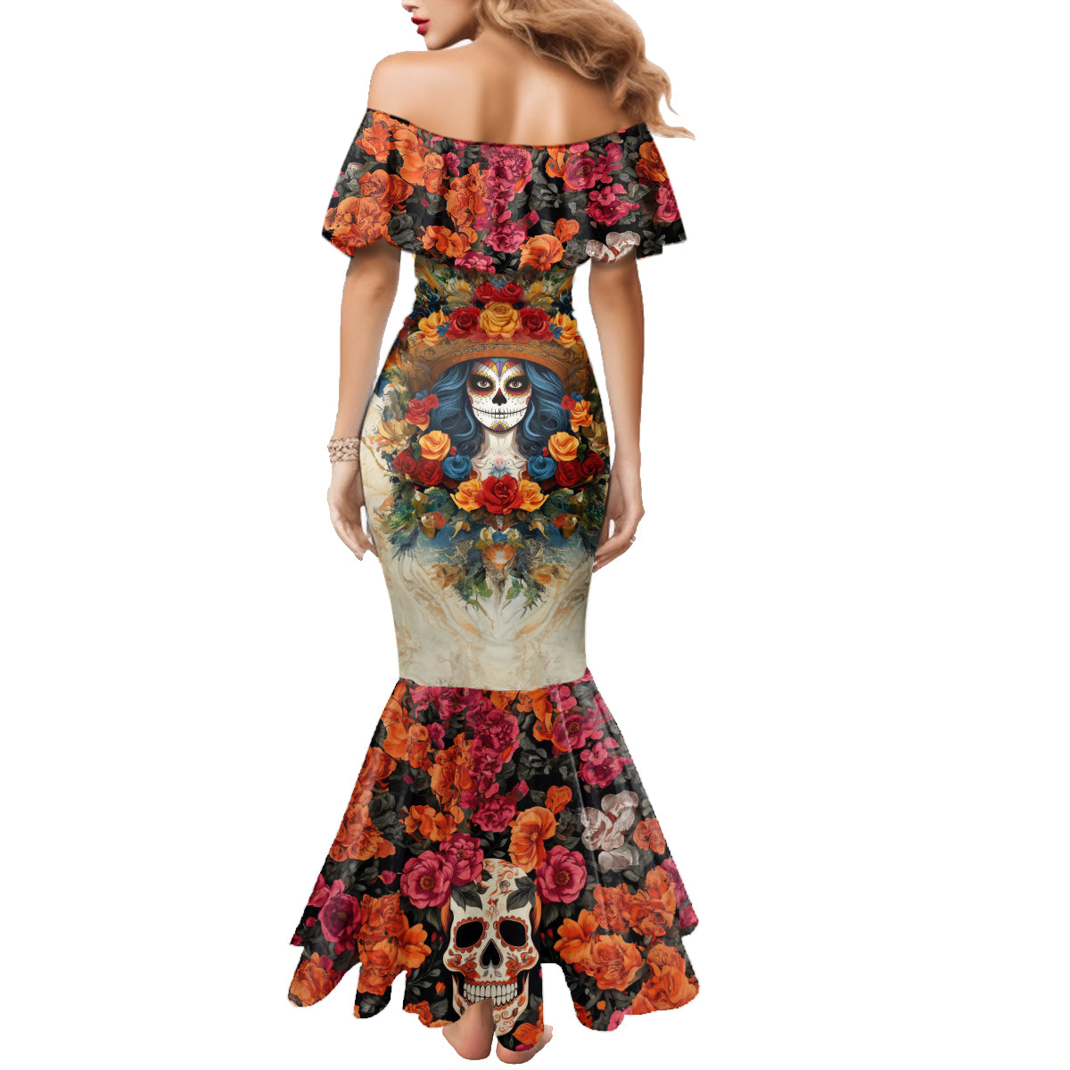 Day of Dead Lady Family Matching Mermaid Dress and Hawaiian Shirt Sugar Skull Field Rose Lady - Wonder Print Shop