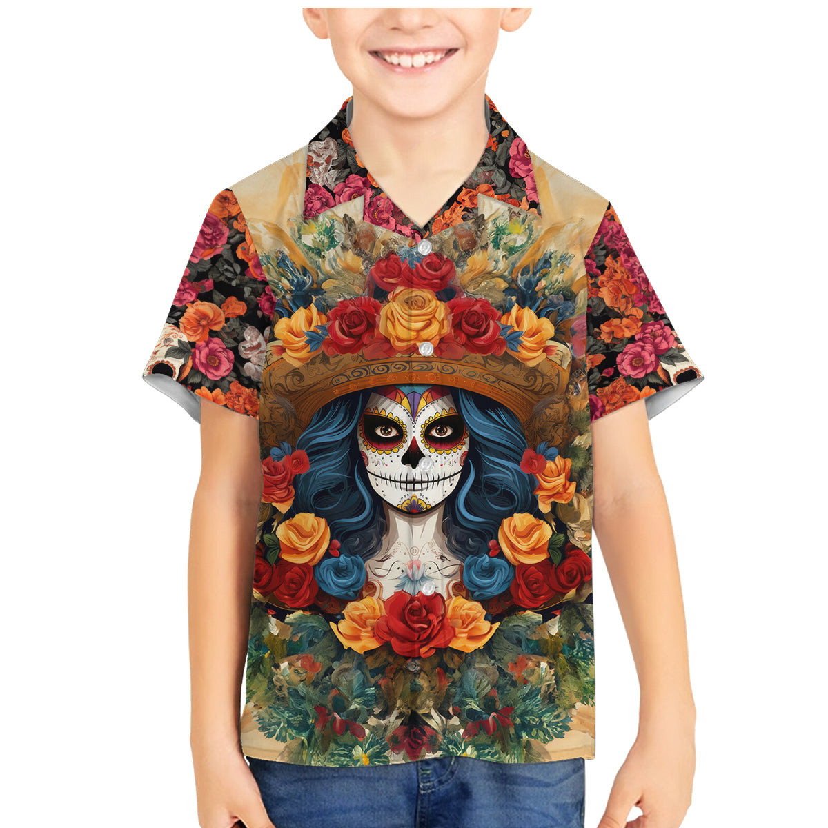 Day of Dead Lady Family Matching Mermaid Dress and Hawaiian Shirt Sugar Skull Field Rose Lady - Wonder Print Shop