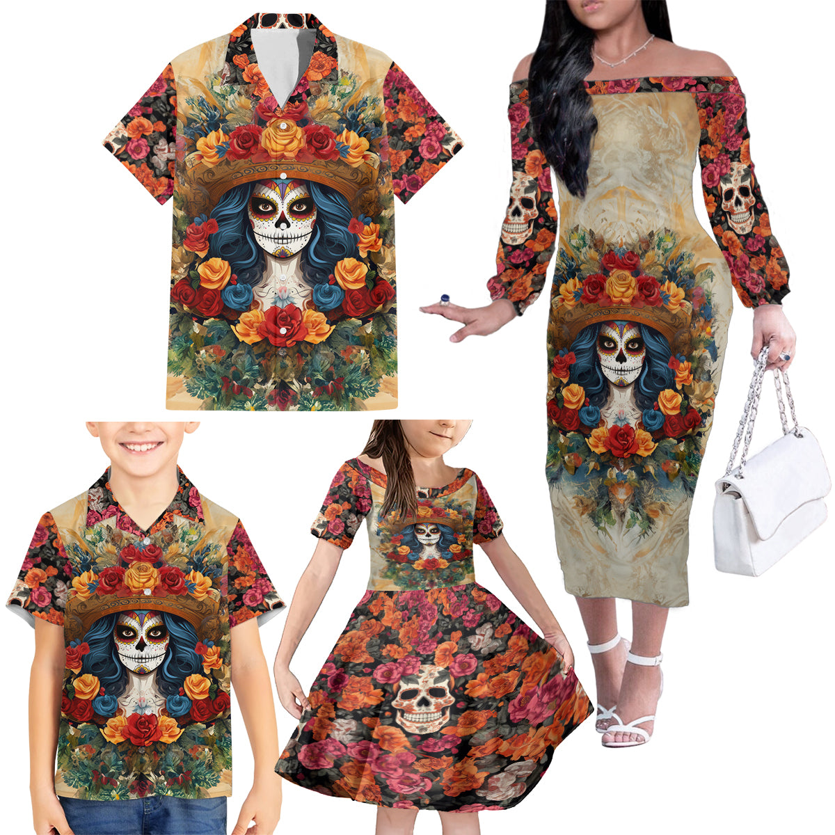 Day of Dead Lady Family Matching Off Shoulder Long Sleeve Dress and Hawaiian Shirt Sugar Skull Field Rose Lady - Wonder Print Shop