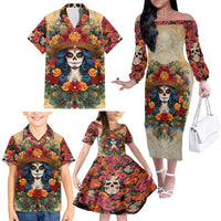 Day of Dead Lady Family Matching Off Shoulder Long Sleeve Dress and Hawaiian Shirt Sugar Skull Field Rose Lady - Wonder Print Shop