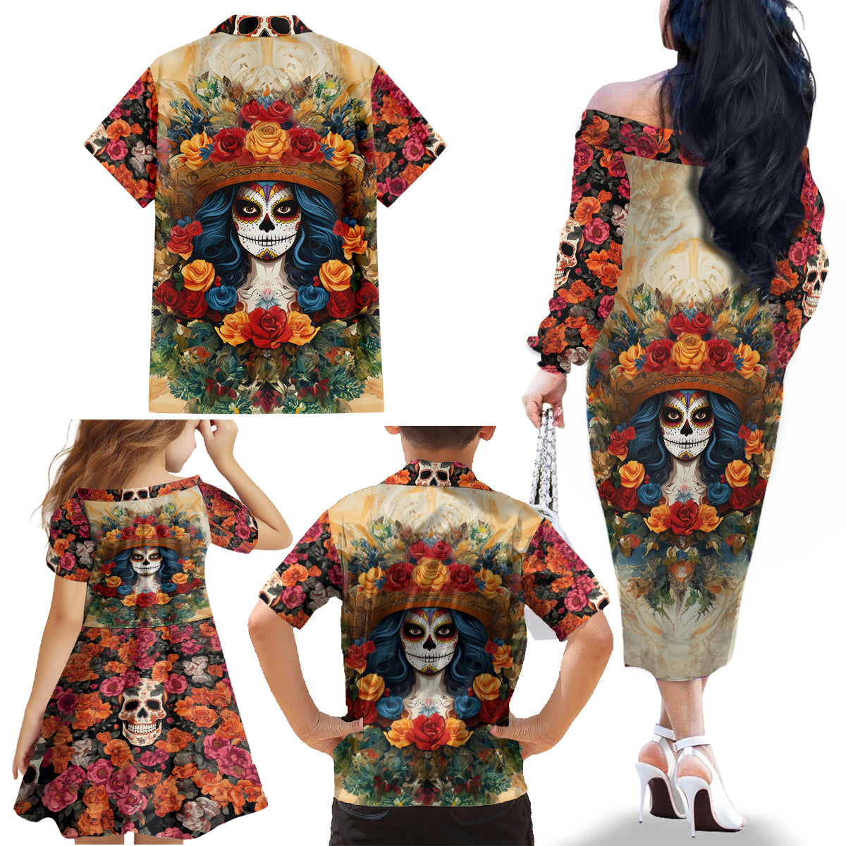 Day of Dead Lady Family Matching Off Shoulder Long Sleeve Dress and Hawaiian Shirt Sugar Skull Field Rose Lady - Wonder Print Shop