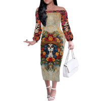 Day of Dead Lady Family Matching Off Shoulder Long Sleeve Dress and Hawaiian Shirt Sugar Skull Field Rose Lady - Wonder Print Shop