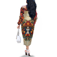 Day of Dead Lady Family Matching Off Shoulder Long Sleeve Dress and Hawaiian Shirt Sugar Skull Field Rose Lady - Wonder Print Shop