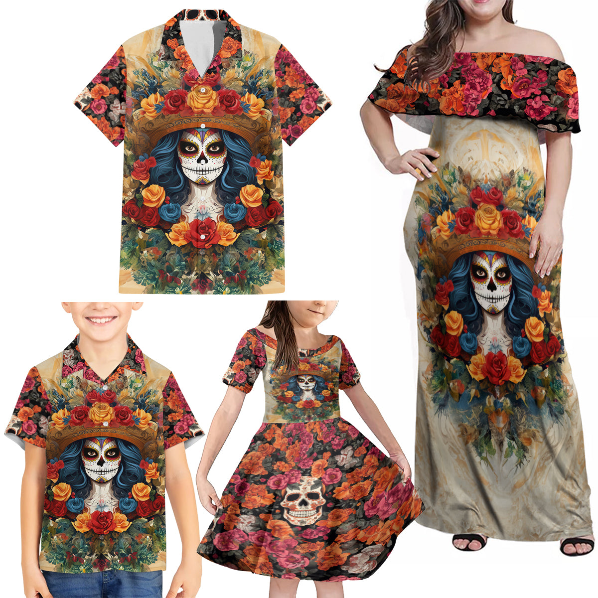 Day of Dead Lady Family Matching Off Shoulder Maxi Dress and Hawaiian Shirt Sugar Skull Field Rose Lady - Wonder Print Shop