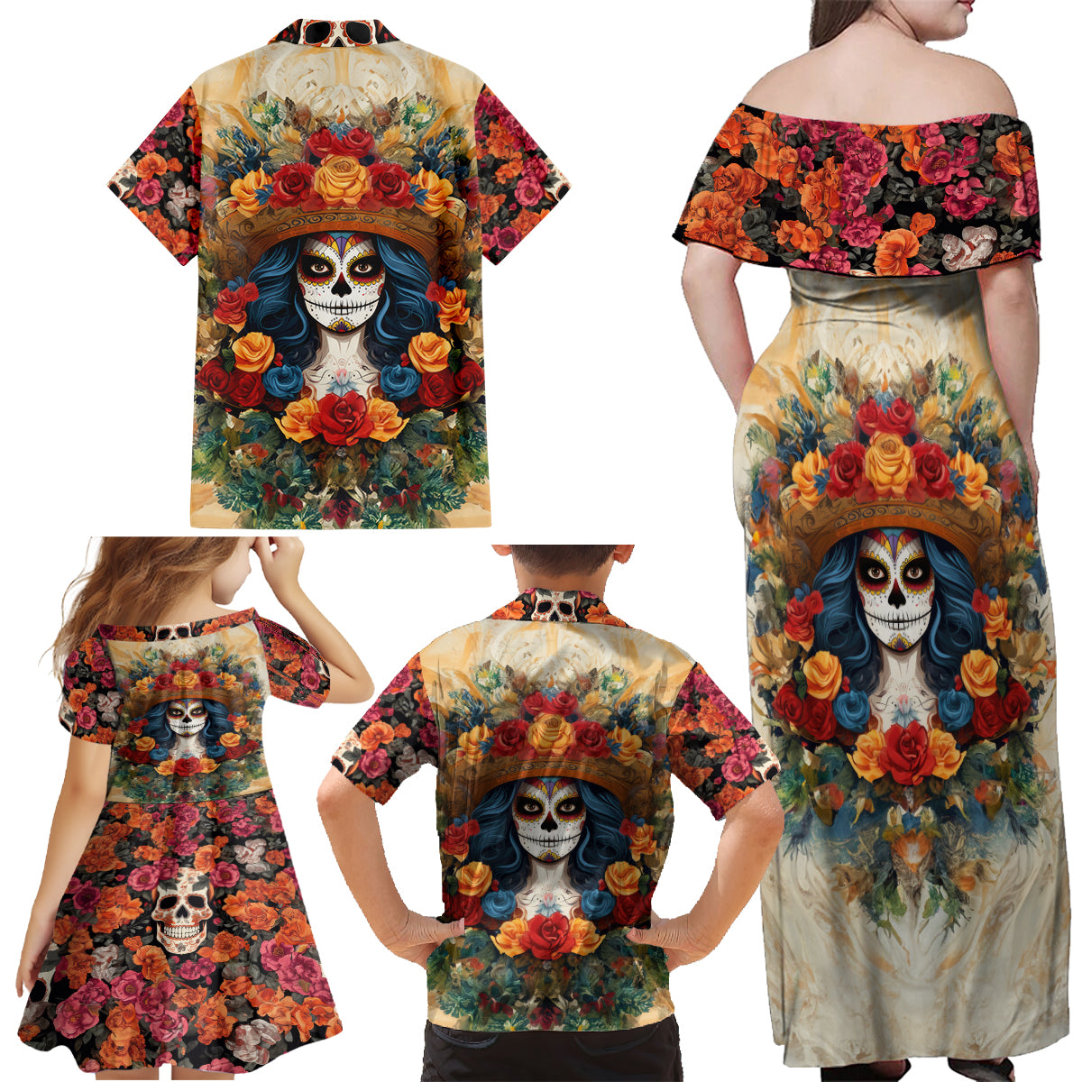 Day of Dead Lady Family Matching Off Shoulder Maxi Dress and Hawaiian Shirt Sugar Skull Field Rose Lady - Wonder Print Shop