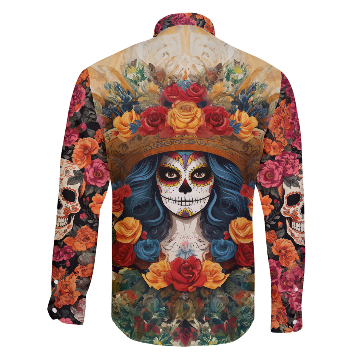 Day of Dead Lady Family Matching Off Shoulder Maxi Dress and Hawaiian Shirt Sugar Skull Field Rose Lady - Wonder Print Shop