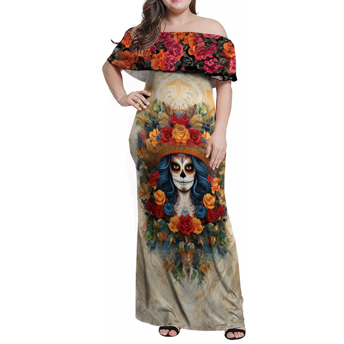 Day of Dead Lady Family Matching Off Shoulder Maxi Dress and Hawaiian Shirt Sugar Skull Field Rose Lady - Wonder Print Shop