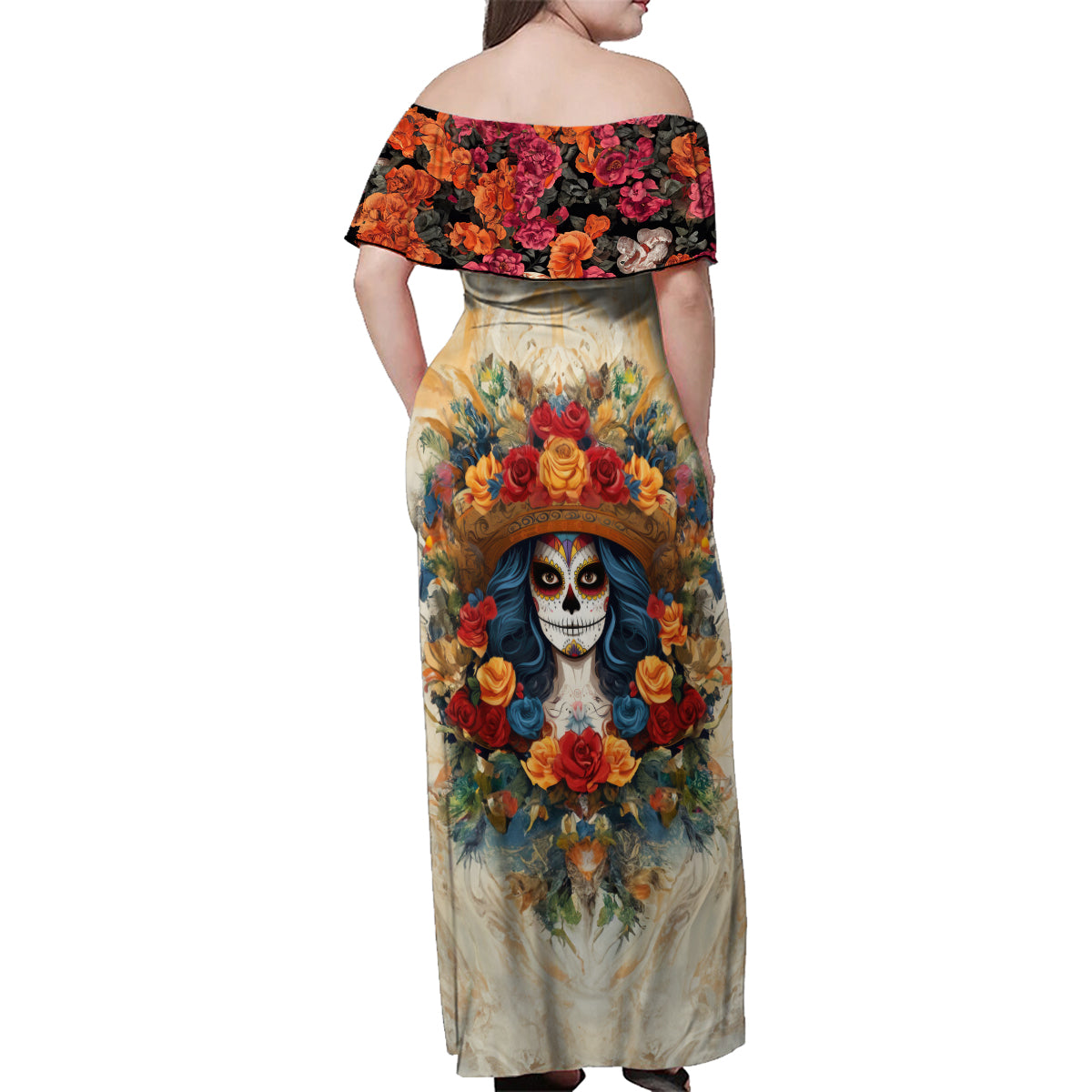 Day of Dead Lady Family Matching Off Shoulder Maxi Dress and Hawaiian Shirt Sugar Skull Field Rose Lady - Wonder Print Shop