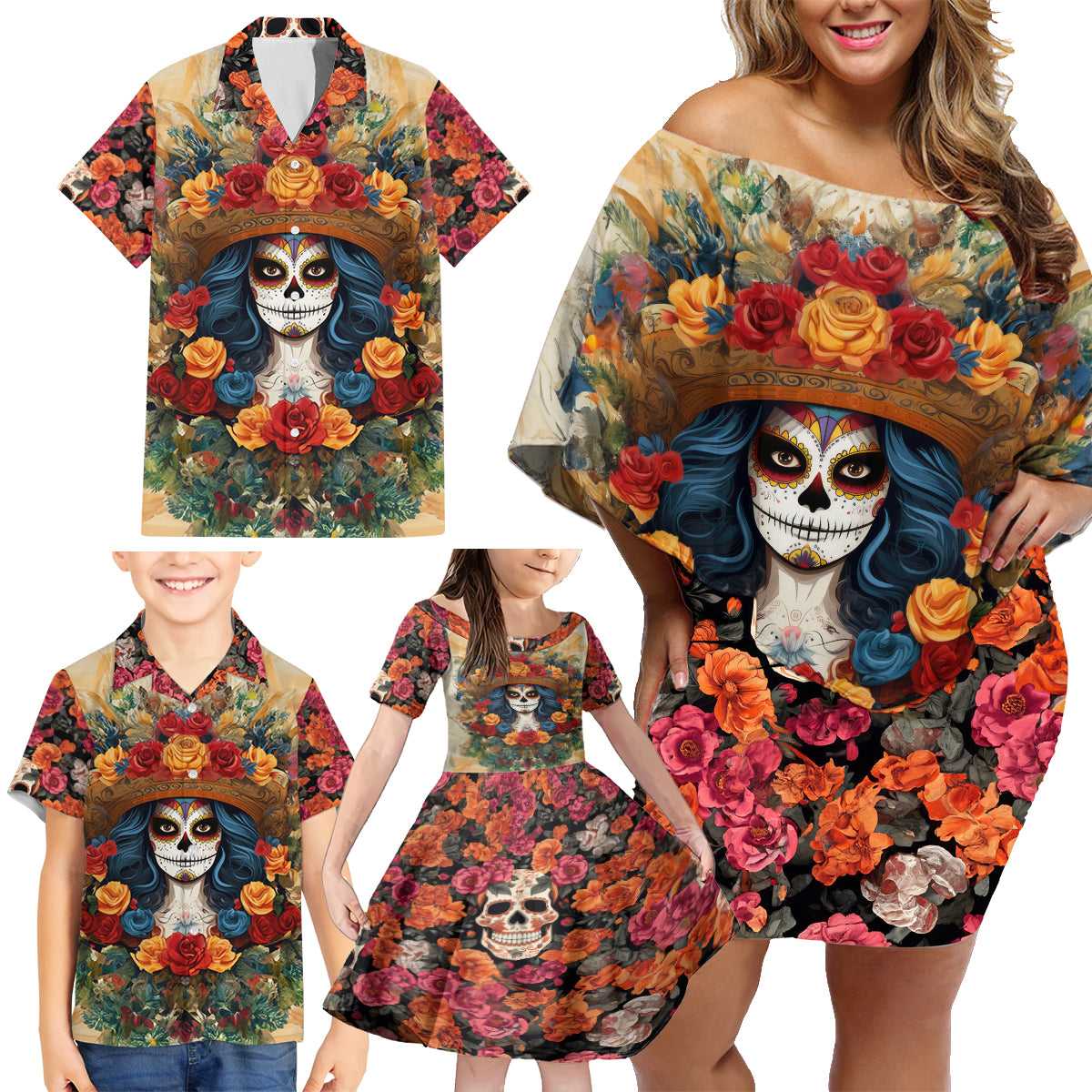 Day of Dead Lady Family Matching Off Shoulder Short Dress and Hawaiian Shirt Sugar Skull Field Rose Lady - Wonder Print Shop