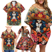 Day of Dead Lady Family Matching Off Shoulder Short Dress and Hawaiian Shirt Sugar Skull Field Rose Lady - Wonder Print Shop