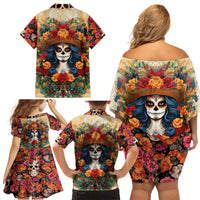 Day of Dead Lady Family Matching Off Shoulder Short Dress and Hawaiian Shirt Sugar Skull Field Rose Lady - Wonder Print Shop