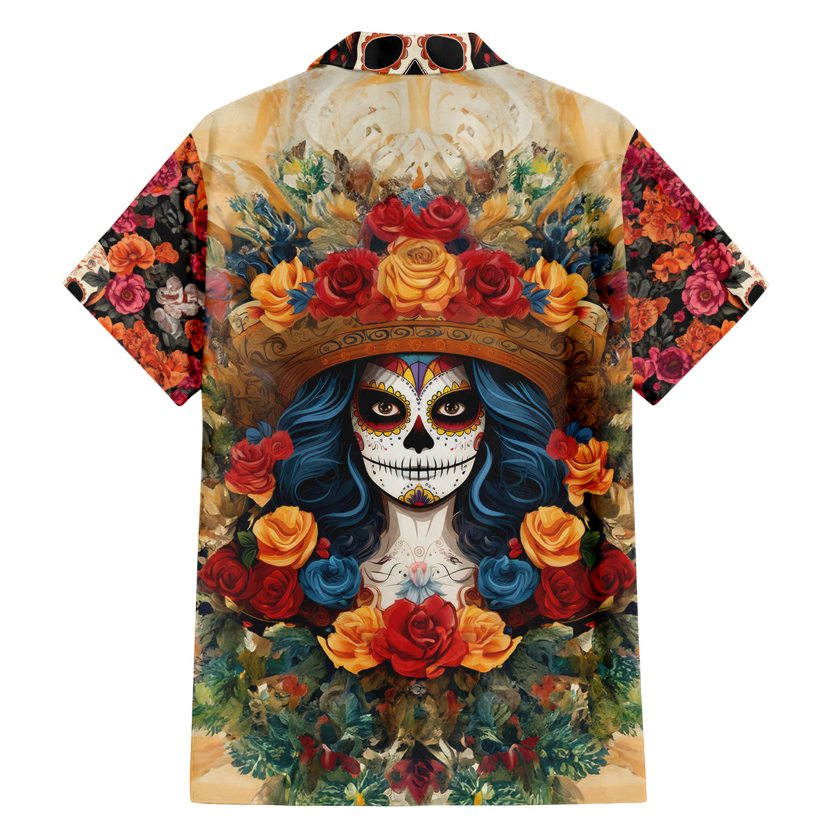 Day of Dead Lady Family Matching Off Shoulder Short Dress and Hawaiian Shirt Sugar Skull Field Rose Lady - Wonder Print Shop