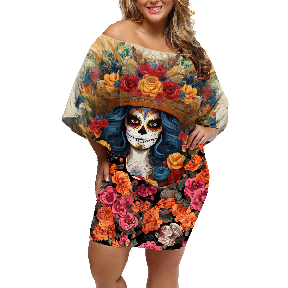 Day of Dead Lady Family Matching Off Shoulder Short Dress and Hawaiian Shirt Sugar Skull Field Rose Lady - Wonder Print Shop