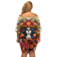 Day of Dead Lady Family Matching Off Shoulder Short Dress and Hawaiian Shirt Sugar Skull Field Rose Lady - Wonder Print Shop