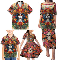 Day of Dead Lady Family Matching Puletasi Dress and Hawaiian Shirt Sugar Skull Field Rose Lady - Wonder Print Shop