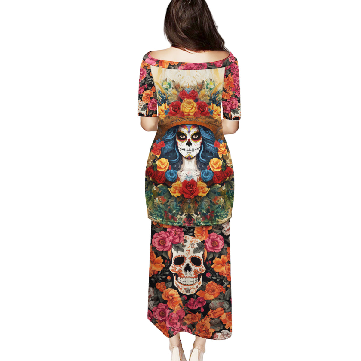 Day of Dead Lady Family Matching Puletasi Dress and Hawaiian Shirt Sugar Skull Field Rose Lady - Wonder Print Shop