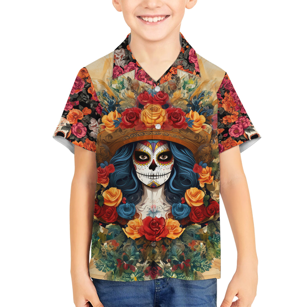 Day of Dead Lady Family Matching Puletasi Dress and Hawaiian Shirt Sugar Skull Field Rose Lady - Wonder Print Shop