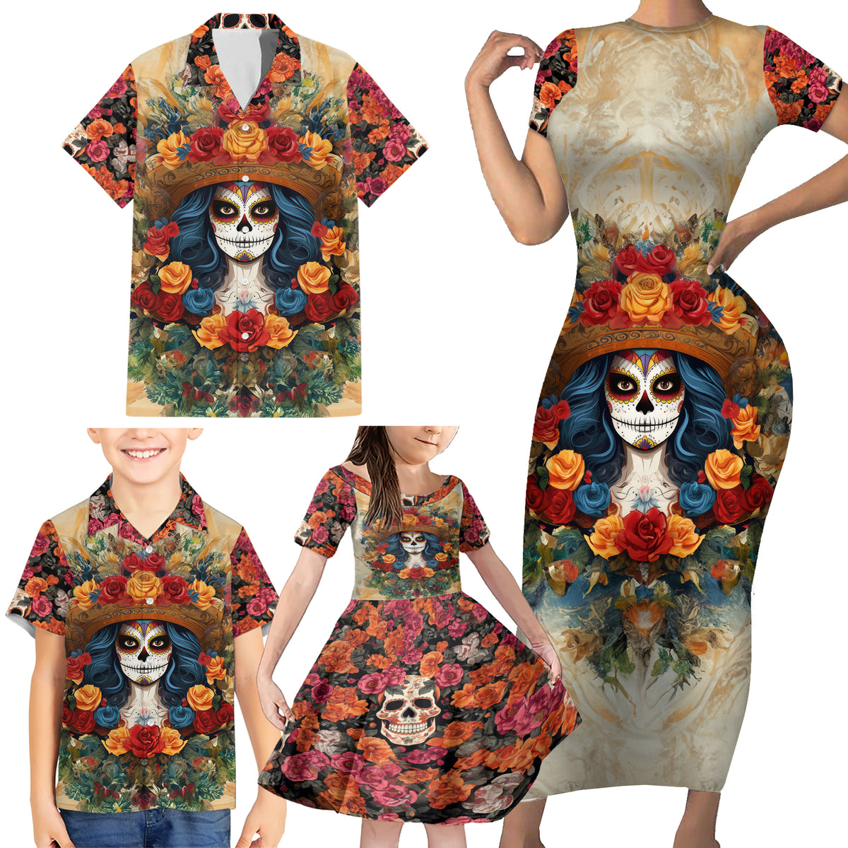 Day of Dead Lady Family Matching Short Sleeve Bodycon Dress and Hawaiian Shirt Sugar Skull Field Rose Lady - Wonder Print Shop