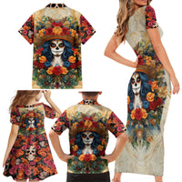 Day of Dead Lady Family Matching Short Sleeve Bodycon Dress and Hawaiian Shirt Sugar Skull Field Rose Lady - Wonder Print Shop