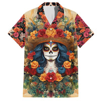 Day of Dead Lady Family Matching Short Sleeve Bodycon Dress and Hawaiian Shirt Sugar Skull Field Rose Lady - Wonder Print Shop