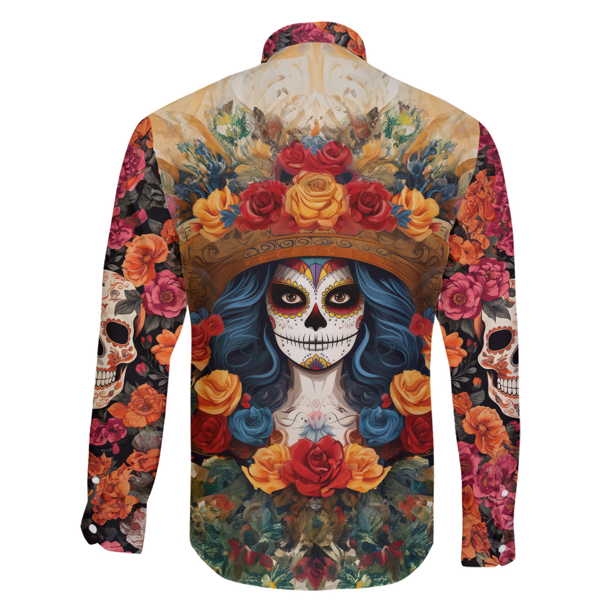 Day of Dead Lady Family Matching Short Sleeve Bodycon Dress and Hawaiian Shirt Sugar Skull Field Rose Lady - Wonder Print Shop