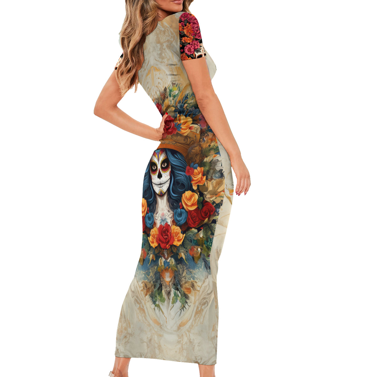 Day of Dead Lady Family Matching Short Sleeve Bodycon Dress and Hawaiian Shirt Sugar Skull Field Rose Lady - Wonder Print Shop