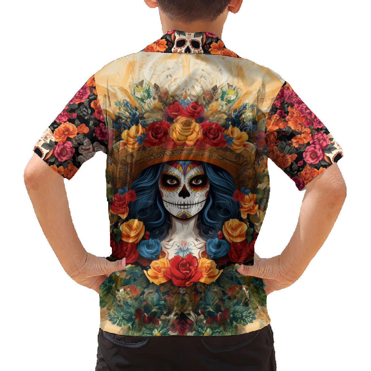 Day of Dead Lady Family Matching Summer Maxi Dress and Hawaiian Shirt Sugar Skull Field Rose Lady - Wonder Print Shop