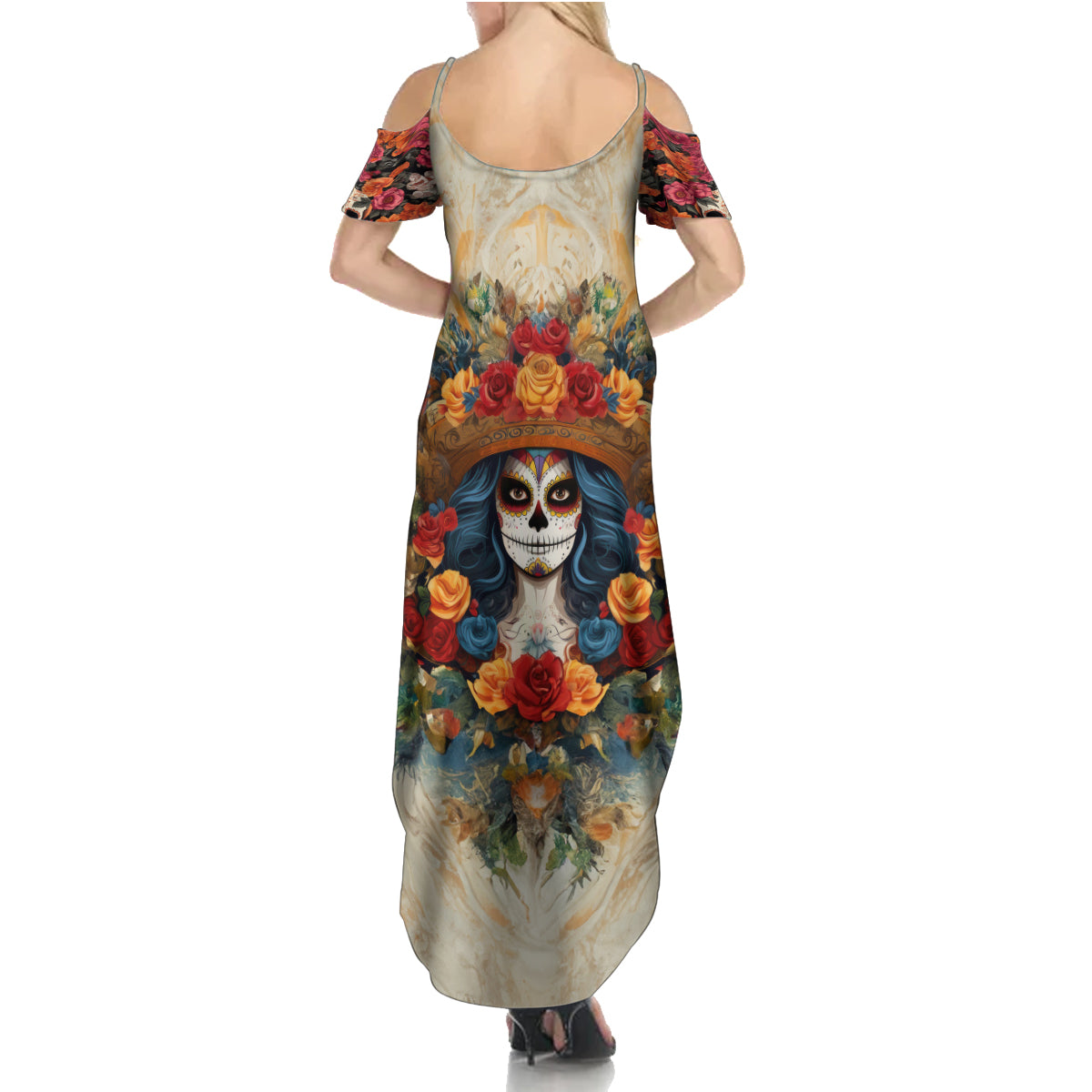 Day of Dead Lady Family Matching Summer Maxi Dress and Hawaiian Shirt Sugar Skull Field Rose Lady - Wonder Print Shop