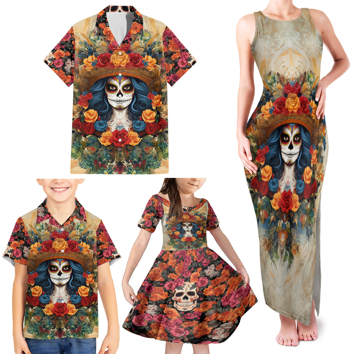 Day of Dead Lady Family Matching Tank Maxi Dress and Hawaiian Shirt Sugar Skull Field Rose Lady - Wonder Print Shop