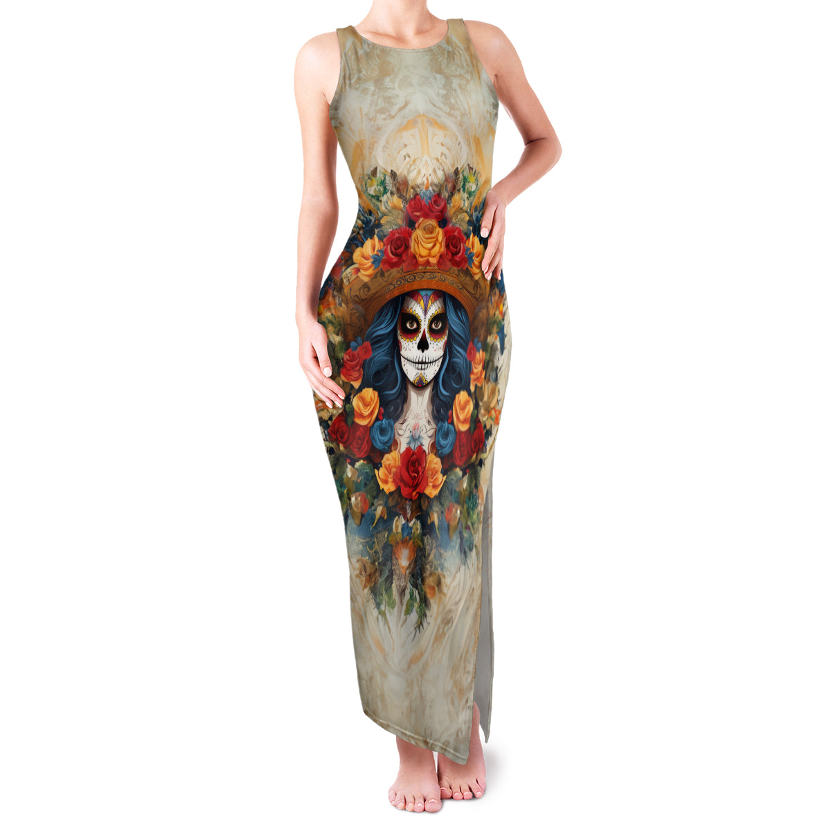 Day of Dead Lady Family Matching Tank Maxi Dress and Hawaiian Shirt Sugar Skull Field Rose Lady - Wonder Print Shop