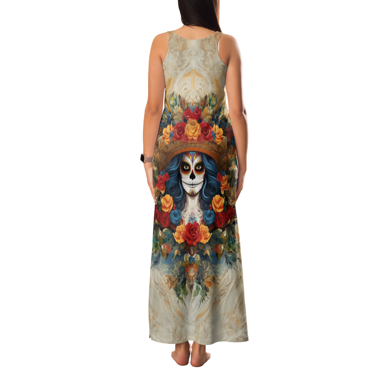 Day of Dead Lady Family Matching Tank Maxi Dress and Hawaiian Shirt Sugar Skull Field Rose Lady - Wonder Print Shop
