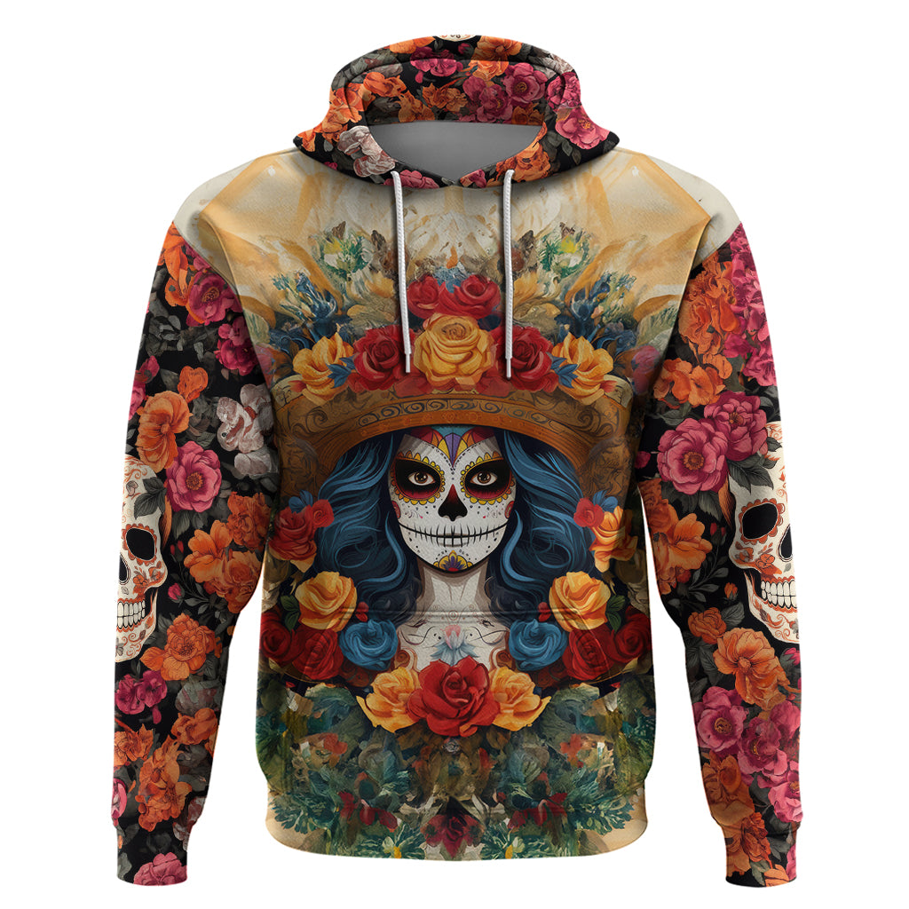 Day of Dead Lady Hoodie Sugar Skull Field Rose Lady - Wonder Print Shop