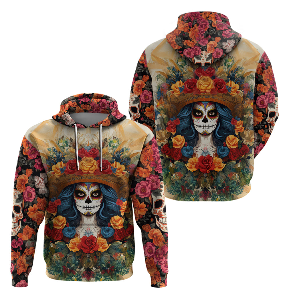 Day of Dead Lady Hoodie Sugar Skull Field Rose Lady - Wonder Print Shop