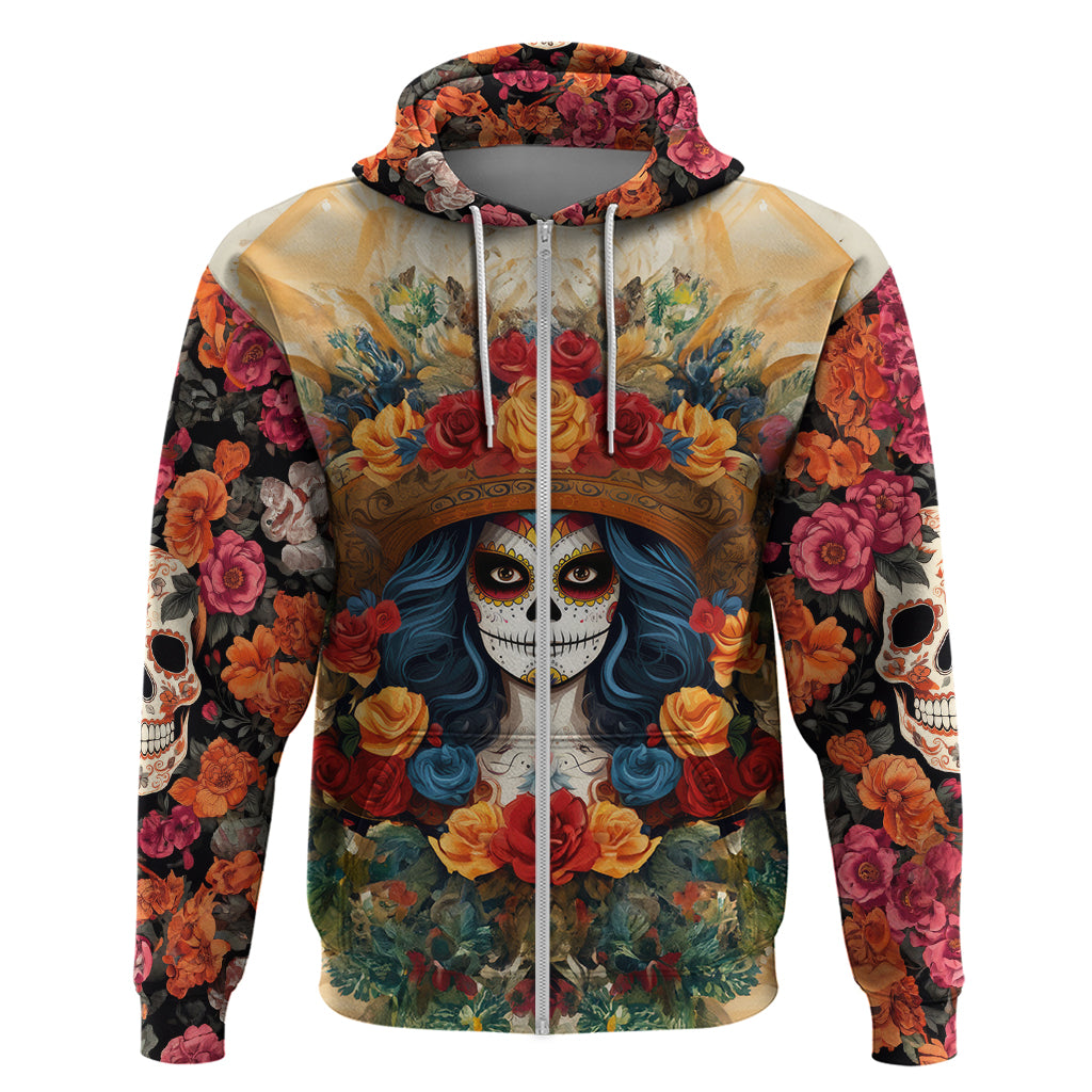 Day of Dead Lady Hoodie Sugar Skull Field Rose Lady - Wonder Print Shop
