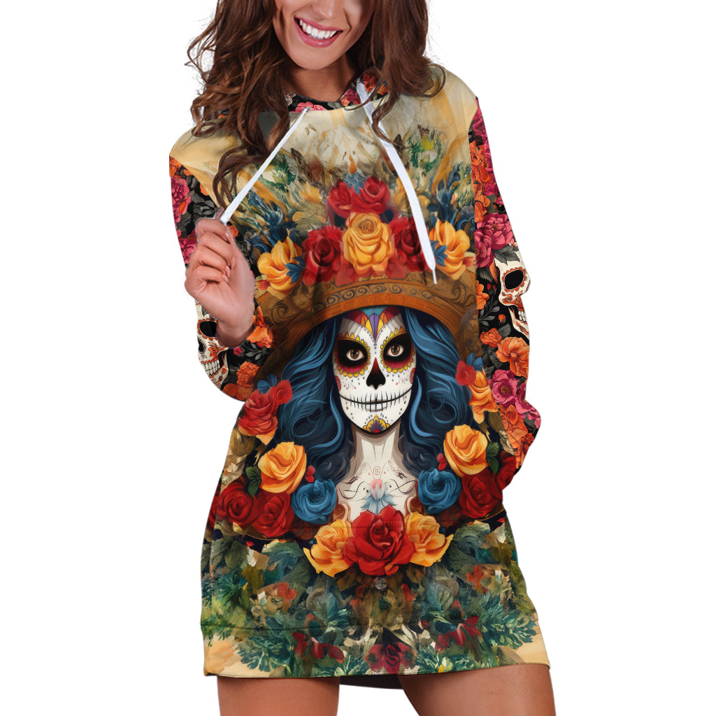 Day of Dead Lady Hoodie Dress Sugar Skull Field Rose Lady - Wonder Print Shop