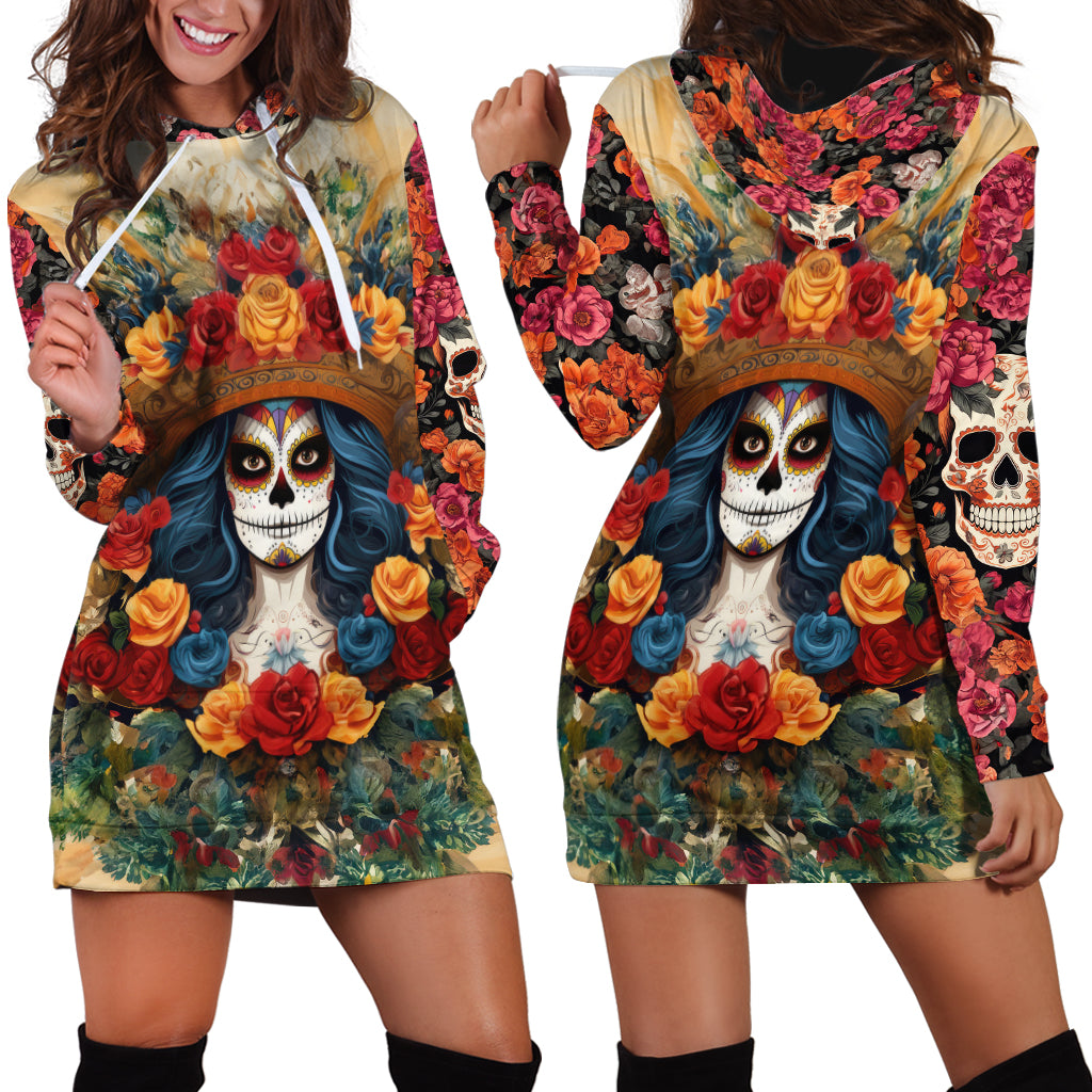 Day of Dead Lady Hoodie Dress Sugar Skull Field Rose Lady - Wonder Print Shop